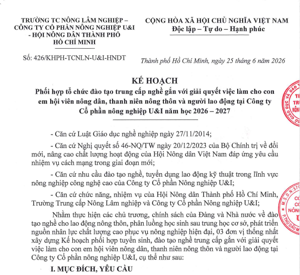 Kế hoạch phối hợp đào tạo giữa Trường TC Nông lâm nghiệp, Cty CP Nông nghiệp U&I, Hội nông dân TPHCM